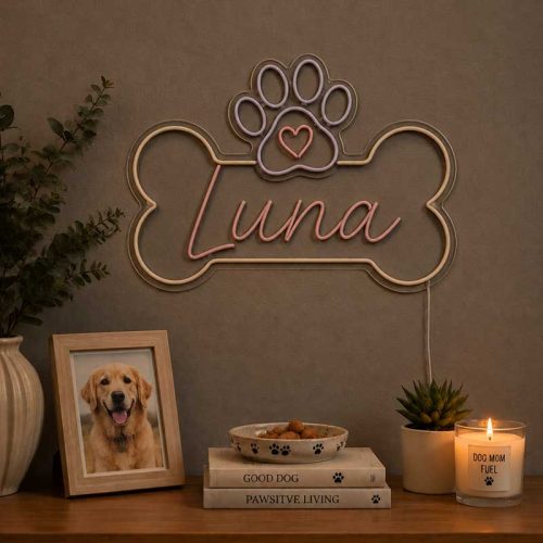 Luna’s Glow: Moonlit Paw & Heart Neon Sign – For Pet Lovers