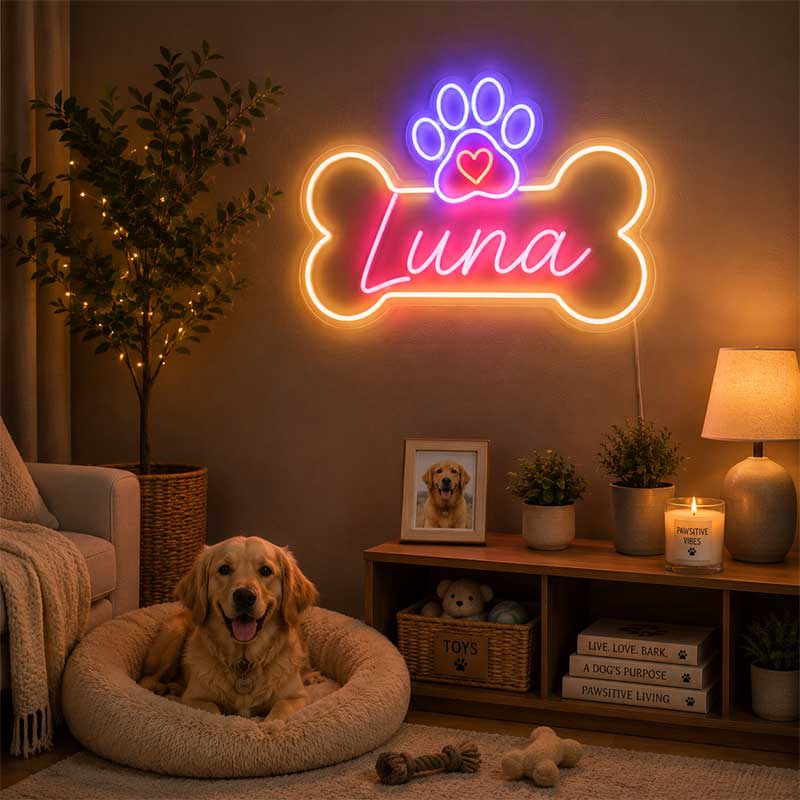 Luna’s Glow: Moonlit Paw & Heart Neon Sign – For Pet Lovers 3