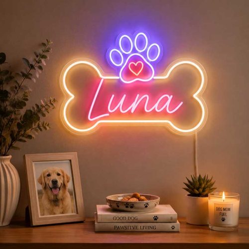 Luna’s Glow: Moonlit Paw & Heart Neon Sign – For Pet Lovers