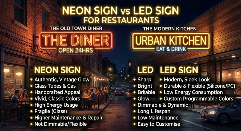 Neon Sign vs LED Sign for Restaurants ,Which Should You Choose?
